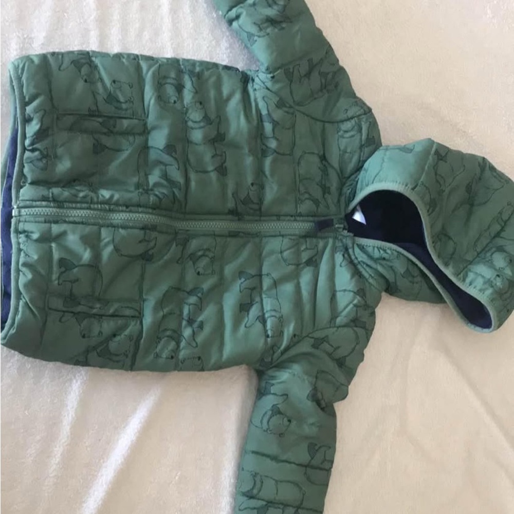 Green Hooded Puffer Jacket with Bear Print